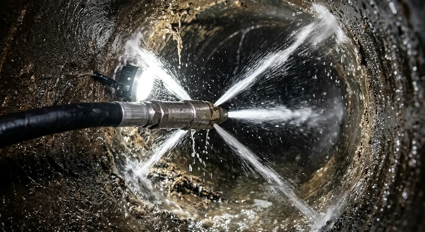 High-pressure hydro jetting nozzle cleaning sewer pipe for Trenchless Sewer Repair in Wetumpka